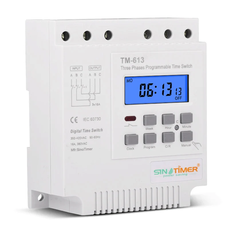 TM613 380V 16A Three Phases Digital 7 Days Programmable Relay Timer Switch Exhaust Water Pump Motor Intelligent Time Controller