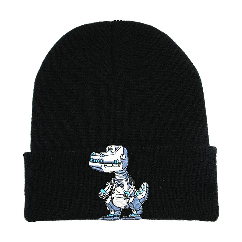 Cotton Cartoon Robot Dinosaur Embroidery Thicken Knitted Hat Winter Warm Hat Skullies Cap Beanie Hat for Men and Women 357