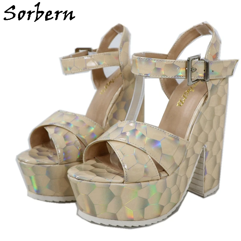 Sorbern Holo Hexagon Block Heels Women Sandals High Heel Slingbacks Cross Straps Made-To-Order Ankle Strap Summer Style Shoes