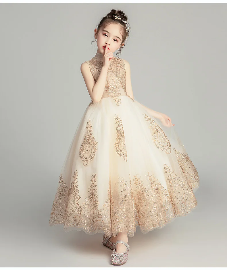 Golden Sequin Lace Girl Wedding Dress Long Flower Girl Dress Princess Party First Communion Gown Baby Girl Baptism Pageant Gown