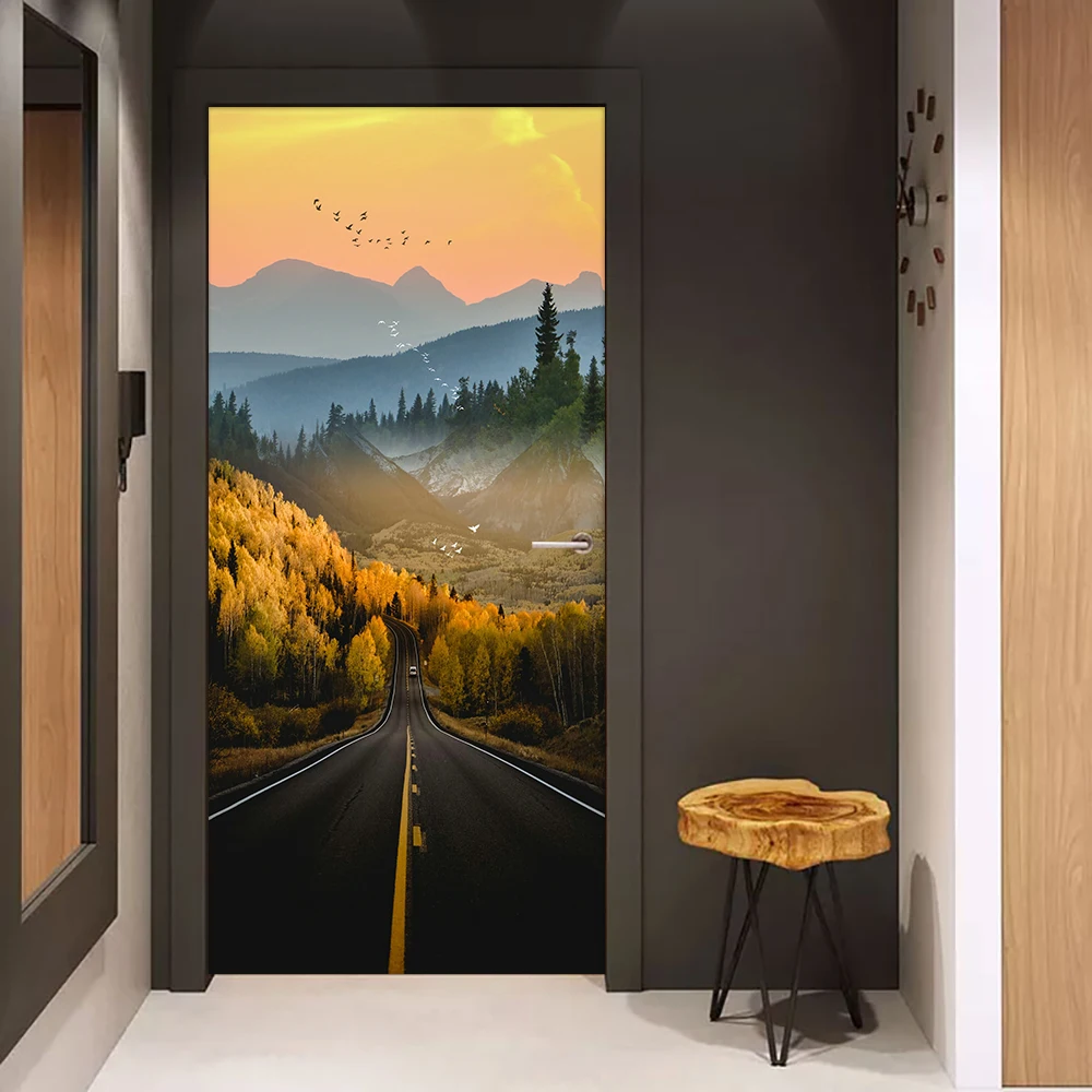 Forest Travel Road Scenery DIY Door Sticker Home Decoration Wall Stickers Porch kitchen Art Mural Peel & Stick Vinly Wallpaper