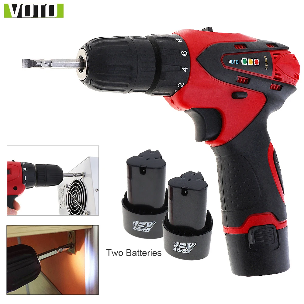 VOTO AC 100-240V Cordless 12V Electric Screwdriver Drill with 2 Lithium Batteries Two-speed Adjustment Button for Handling Screw