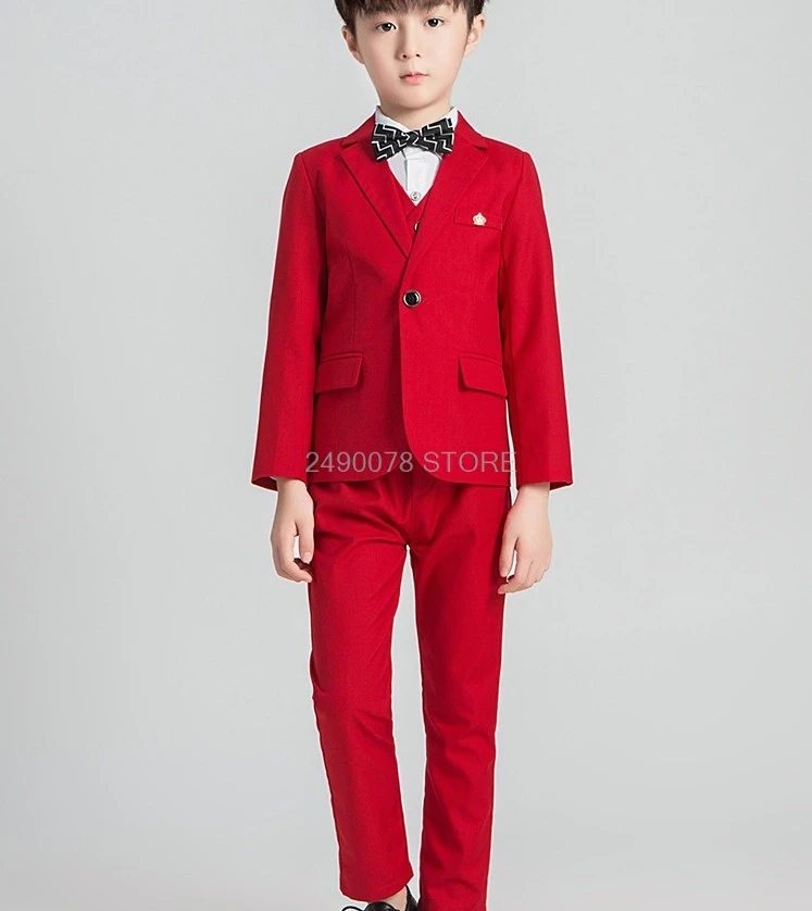 Flower Boys Formal Blazer Suit Kids Jacket Vest Pants Tie 4Pcs Wedding Tuxedo Set Children Prom Costume Performance Dress