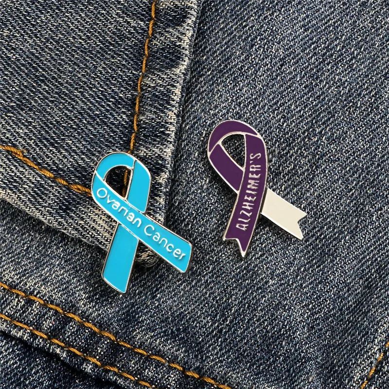 Blue Purple Ribbon Brooches Alzheimer's Ovarian Cancer Awareness Charity Badges Enamel Pins Clothes Bag Lapel Button Pin Jewelry