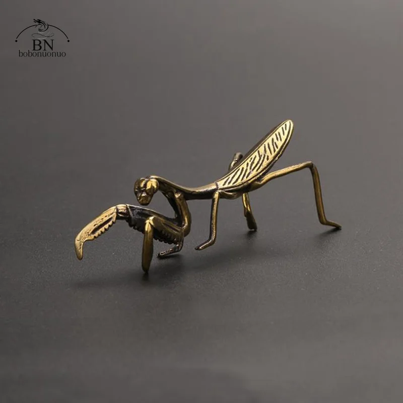 Copper Mantis Miniature Ornament Tea Pet Antique Solid Insect Figurine Desk Decoration Craft Accessories Vintage Flowerpot Decor