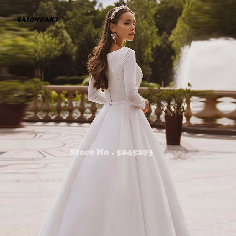 Vestidos De Novia 2024 Elegant Satin Wedding Dress Long Sleeve Lace Muslim Bridal Gown for Bride Button Back Robe Mariée Online