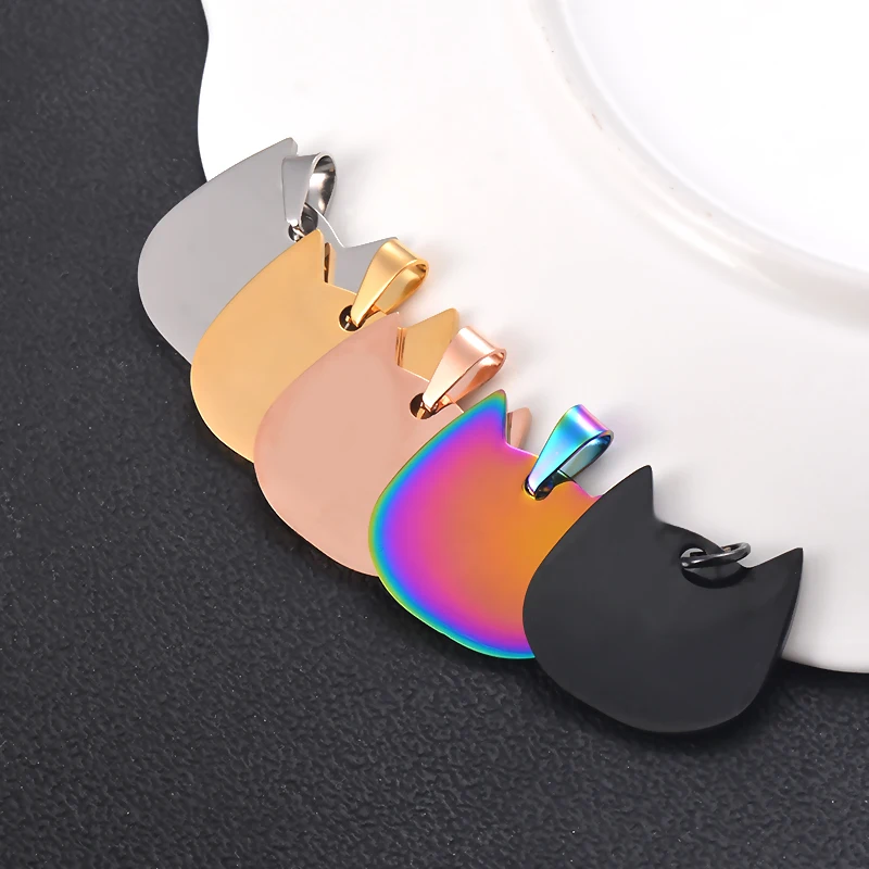 5pcs 5 colors High Quality Stainless Steel  lovely Cat Head Shape Pendant ID Necklace Unisex without chain double side polish