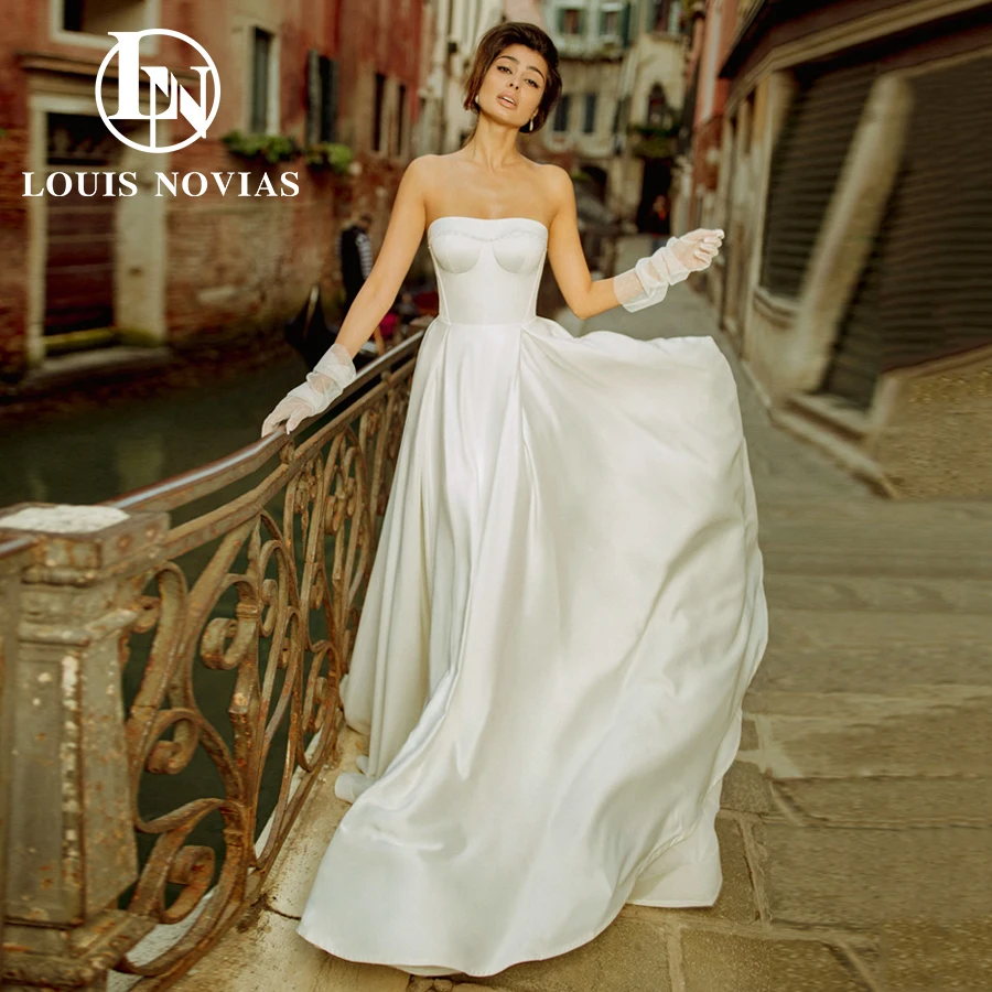 LOUIS NOVIAS ซาตินชุดแต่งงาน Elegant Vestidos De Novia Strapless A-Line ชุดเจ้าสาวแขนกุด Sheath ชุดเจ้าสาว