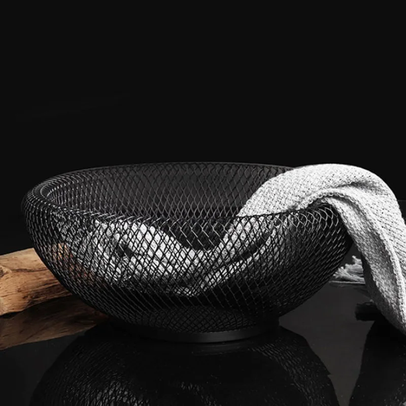 Metal Mesh Creative Countertop Fruit Snacks Basket Bowl Stand for Kitchen, Large Black Decorative Table Centerpiece Holder for B