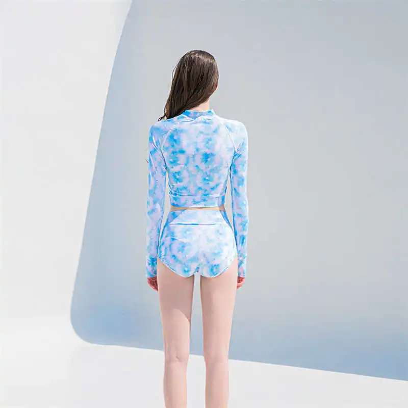 2021 New Long-Sleeved Sexy Gradient Color Zipper Split Letter Printed Korean Version High Waist Tight-Fitting Simple Swimsuit