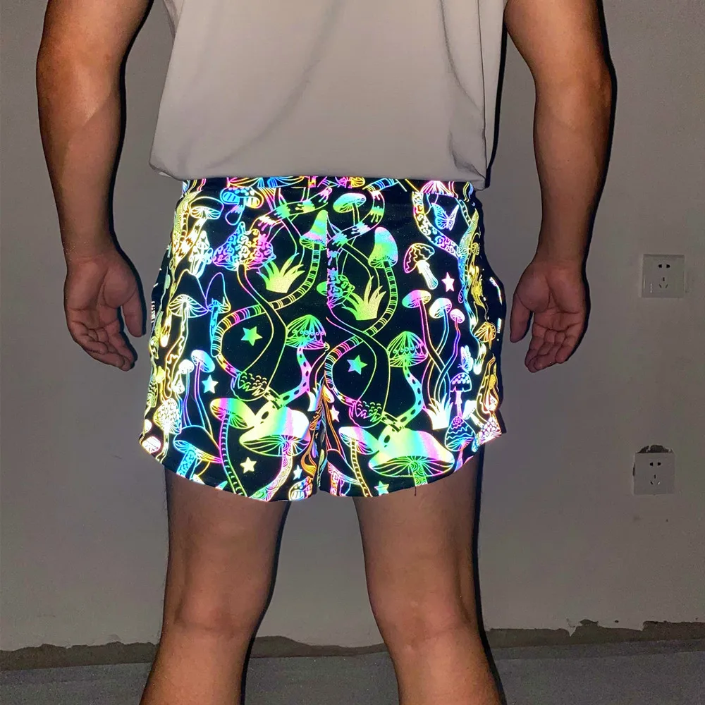 PARKLEES Mushroom Printed Colorful Reflective Mens Shorts Shiny Hip Hop Dance Fluorescent Shorts for Men Night Sporting Joggers