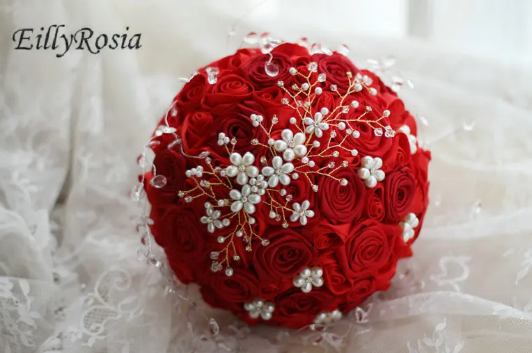 Bouquet da sposa rosso cinese Vintage perle fatte a mano gioielli spilla Bouquet retrò fiori artificiali da sposa con strass