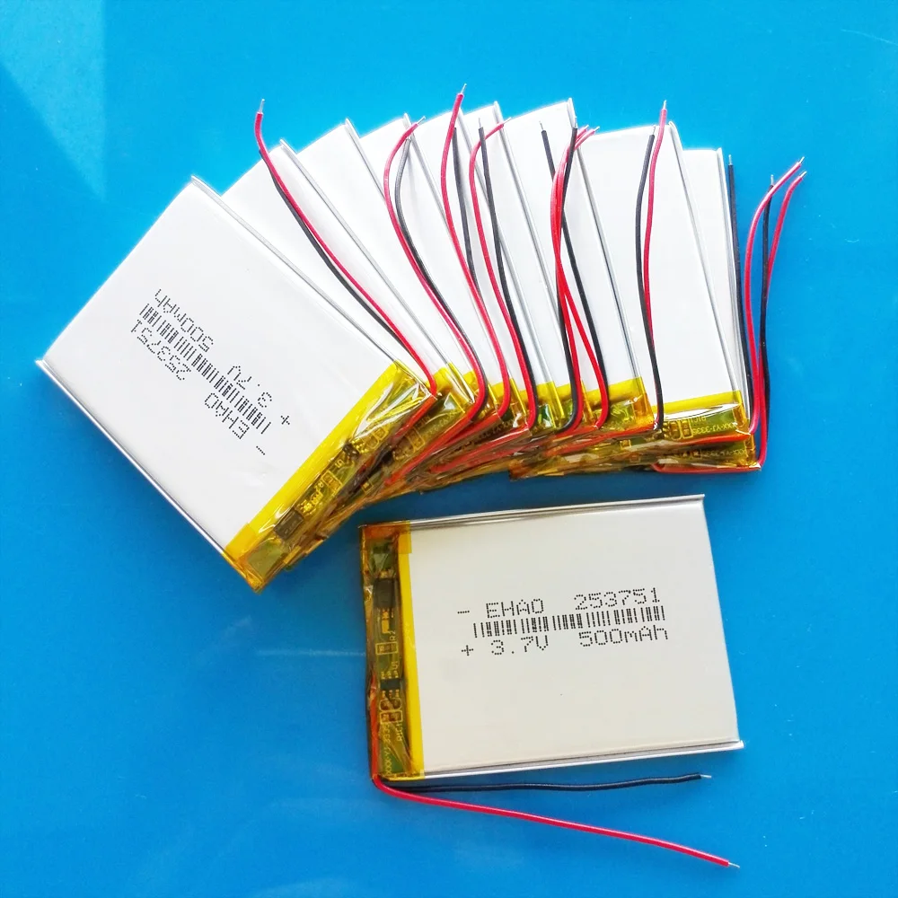 10 ชิ้น 3.7 โวลต์ 500 มิลลิแอมป์ชั่วโมง Lipo แบตเตอรี่ลิเธียมโพลิเมอร์แบบชาร์จไฟได้ 253751   สําหรับ MP3 GPS ชุดหูฟังกล้องสมาร์ทวอทช์บันทึกลําโพง