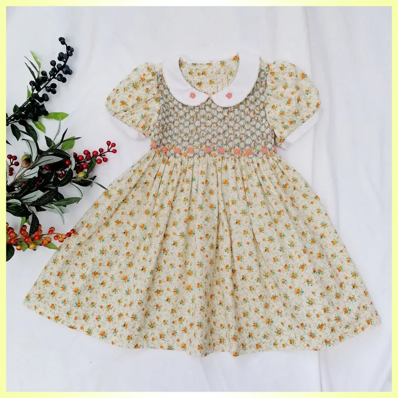 Kids Girls New summer dress vestidos 2024 girl princess floral vintage dress for 3-7 years children Handmade smocked dresses