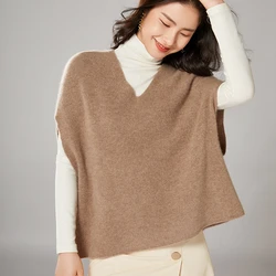 Women Vest V Neck Sleeveless Sweater Autumn Winter 100% Wool Solid Knitted Pullover Casual Loose 2021 New Korean Lady Jumper