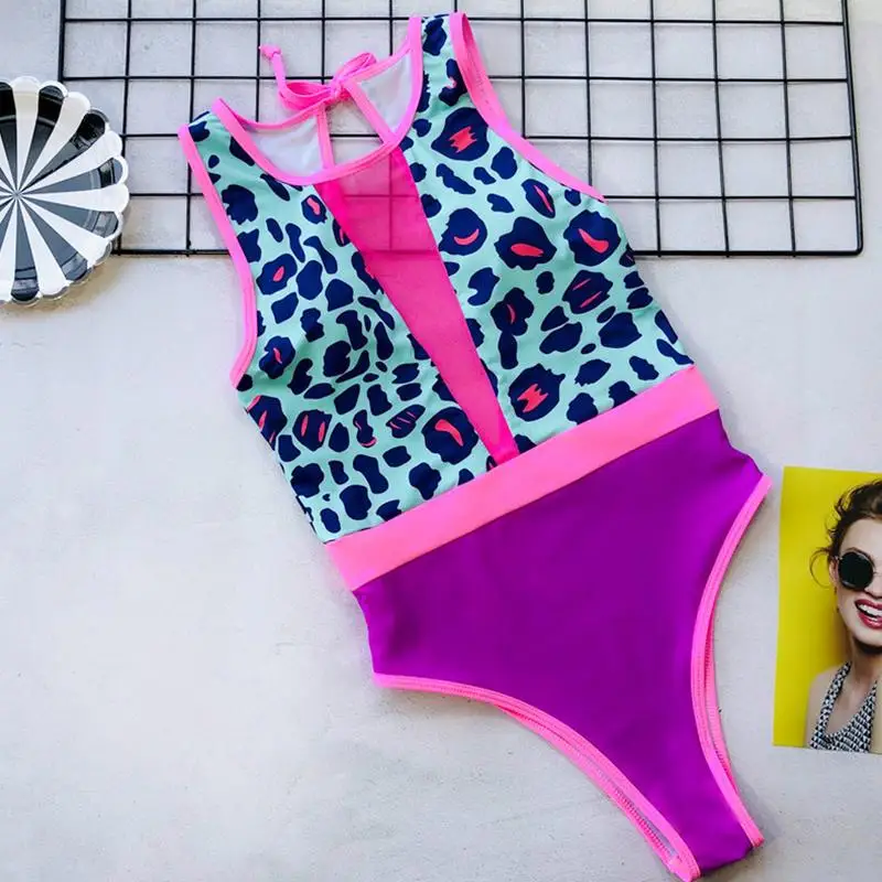 Sexy Leopard Print Mesh one piece Swimwear Women Push Up bathing suit 2020 New High Neck Swimsuit Female Deep V Beach wear 5211