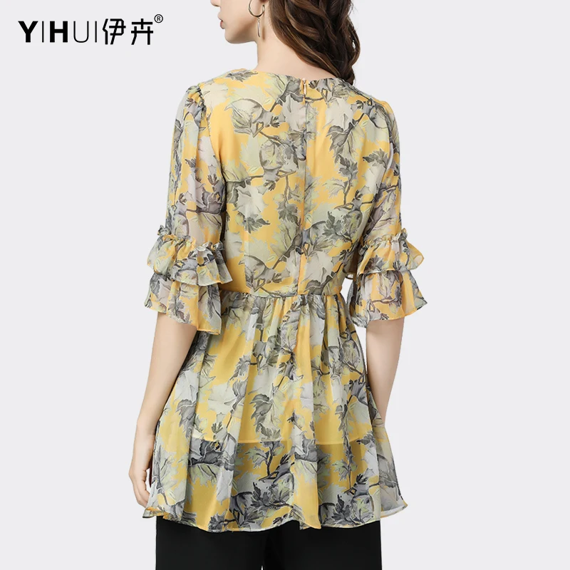 Fashion 3D Cascading Ruffles Chiffon Floral Printing Blouse Women Summer Mid-Length V-Neck Defined Waist Slmming Tops 2021 New