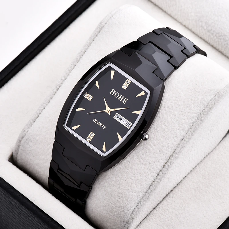 Tungsten steel watch men's double calendar waterproof ultra-thin quartz watch rectangular fashion leisure business men's Watch