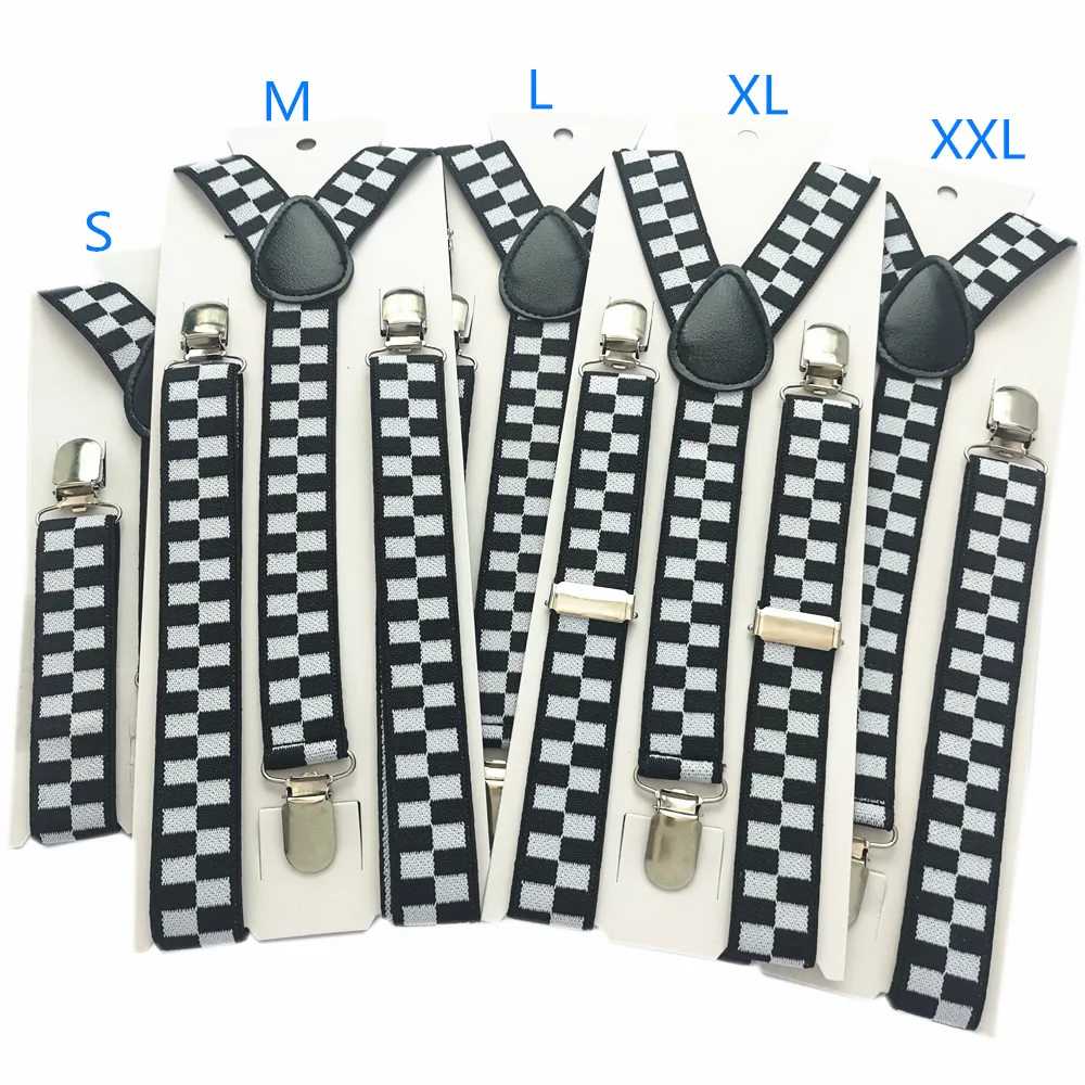 

Black White Plaid Kids Adult Adjustable Suspenders 2.5cm Wide Elastic Strap Y-Back Braces 5 Sizes for Whole Family Party Wedding