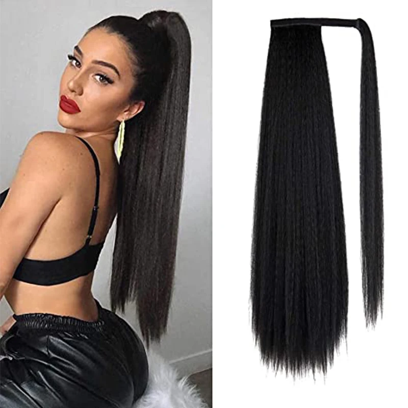 

Synthetic Black Long Clip in Drawstring Ponytail Extension Wrap Around Long Yaki Straight Pony Tail Hair 28 Inches Hairpiece