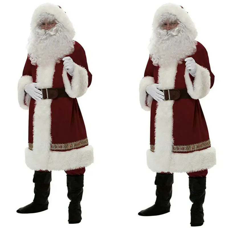 Kostum Cosplay Bapa Natal Santa Klaus Gaun Indah Dalam Set Pakaian Pria Natal untuk Orang Dewasa