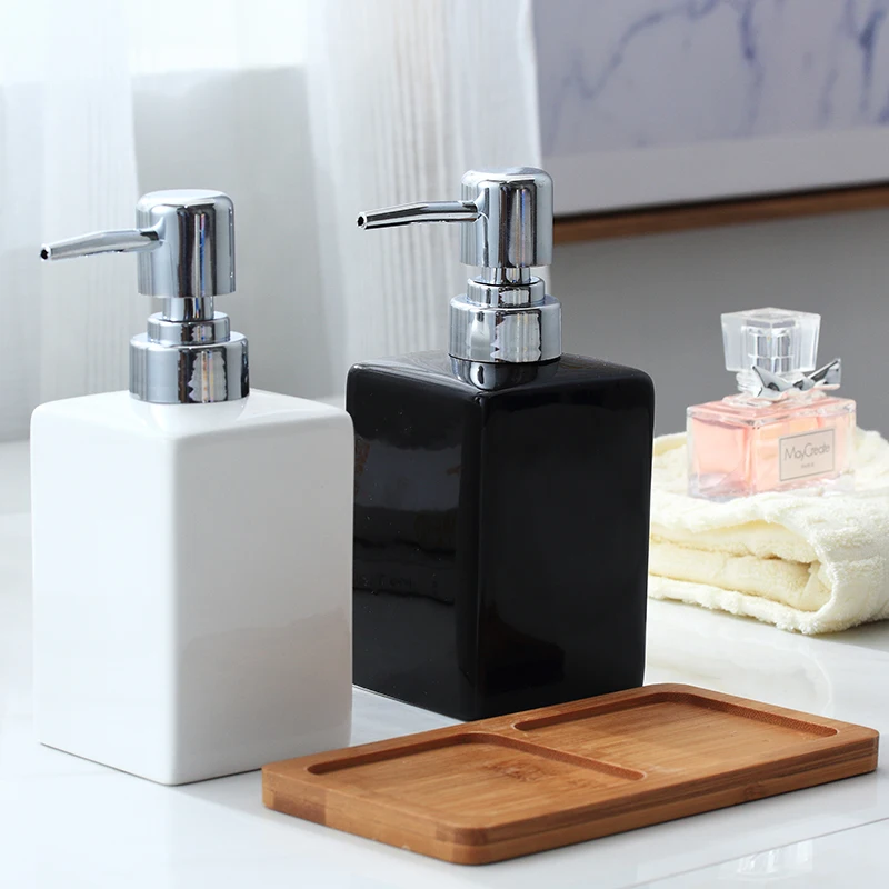 320ml Ceramic Emulsion Dispenser White Black Bottle Hotel Shower Gel Hand Sanitizer Bottle with Bamboo Tray for Kitchen