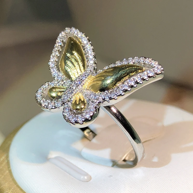 Bague papillon en argent regardé 925 avec nœud doré pour femme, papillon atmosphérique à deux documents, bijoux blancs, cadeau de fête et de sortie