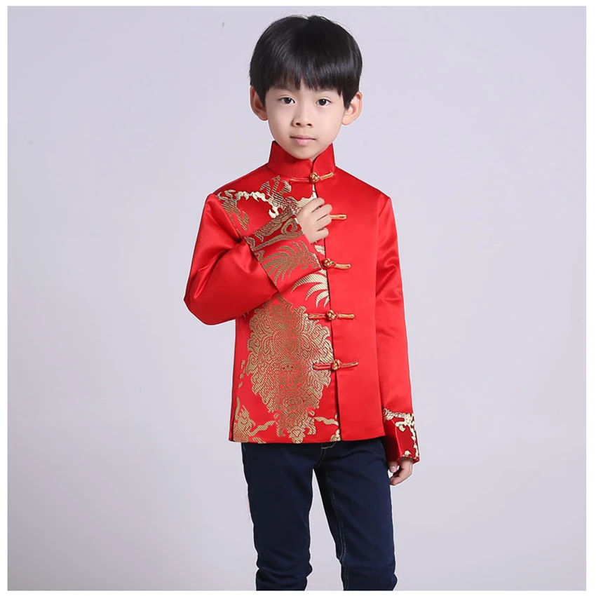 Tang Suit Red Traditional Chinese Clothing for Men Kids Boy Hanfu Top Dragon Print Vintage Satin Kungfu Chinese Party Stage