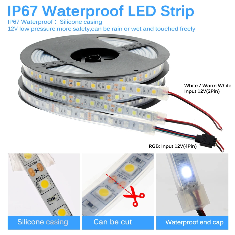 IP67 IP68 Waterproof LED Strip 5050 DC12V High Quality Underwater & Outdoor Safety RGB LED Strip Light 300LEDs 60LEDs/M 5m/lot