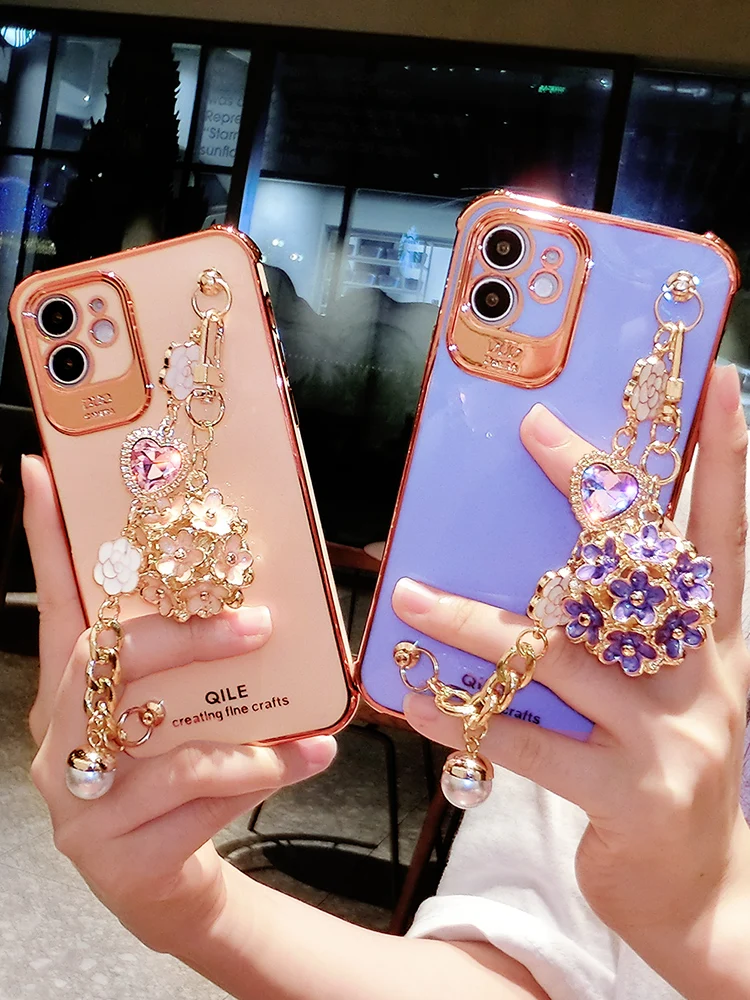 Fashion Electroplating Bracelet Female Soft Case For Iphone 11 12 Pro Max Mini 7 8 Plus Xr X Xs Se 2 Flowers Phone Cover Fundas