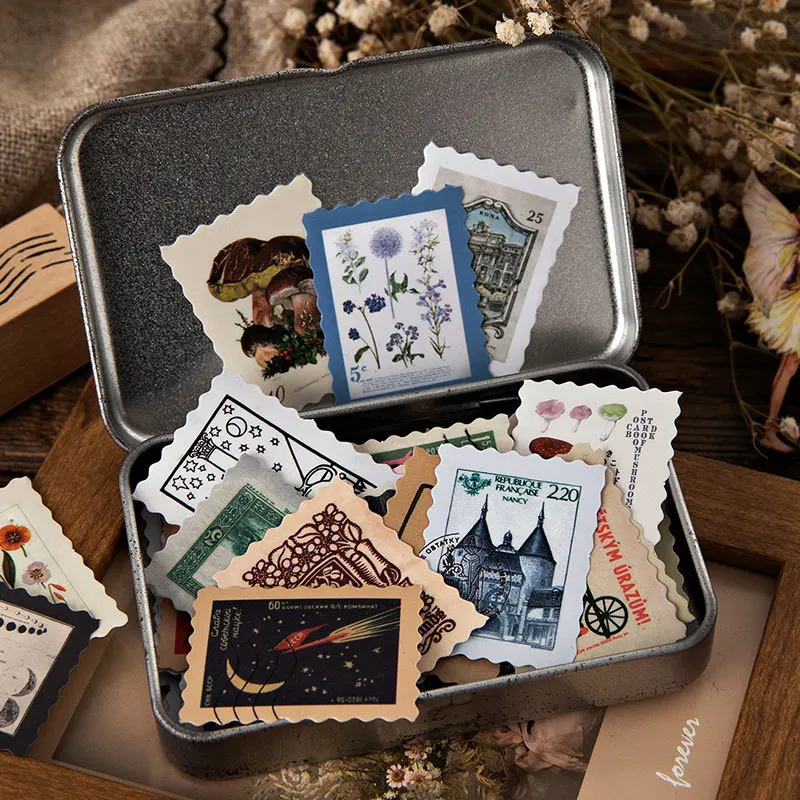 MOHAMM 46 PCS Post Stamp Stickers Set Assorted Botanical Decorative for Scrapbooking DIY Craft