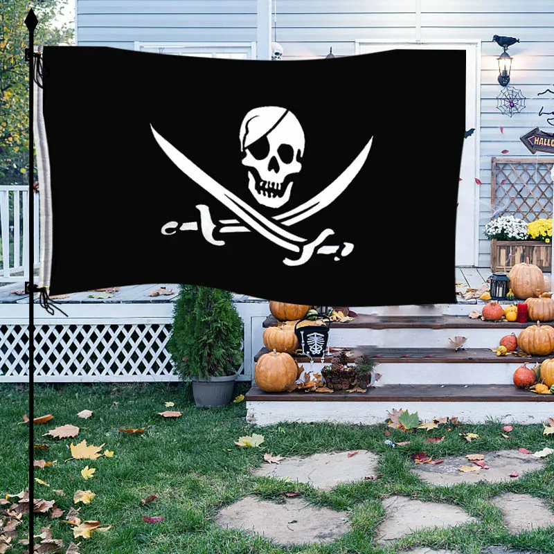 90* 154cm 1Piece Pirate Flag Skull Flag Canvas Header Banner Polyester with Brass Grommets Halloween Theme Party Outdoor Decora