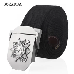 BOKADIAO Men&Women Canvas Belt 3D Soviet Great Patriotic War Memorial Medal Metal Buckle CCCP Army Tactical Belts Military Strap