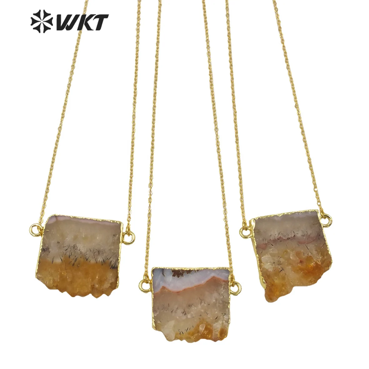 WKT Exclusive ! Natural slice Stone quartz double loops necklace amazing crystal necklace With Brass Gold Eletroplated