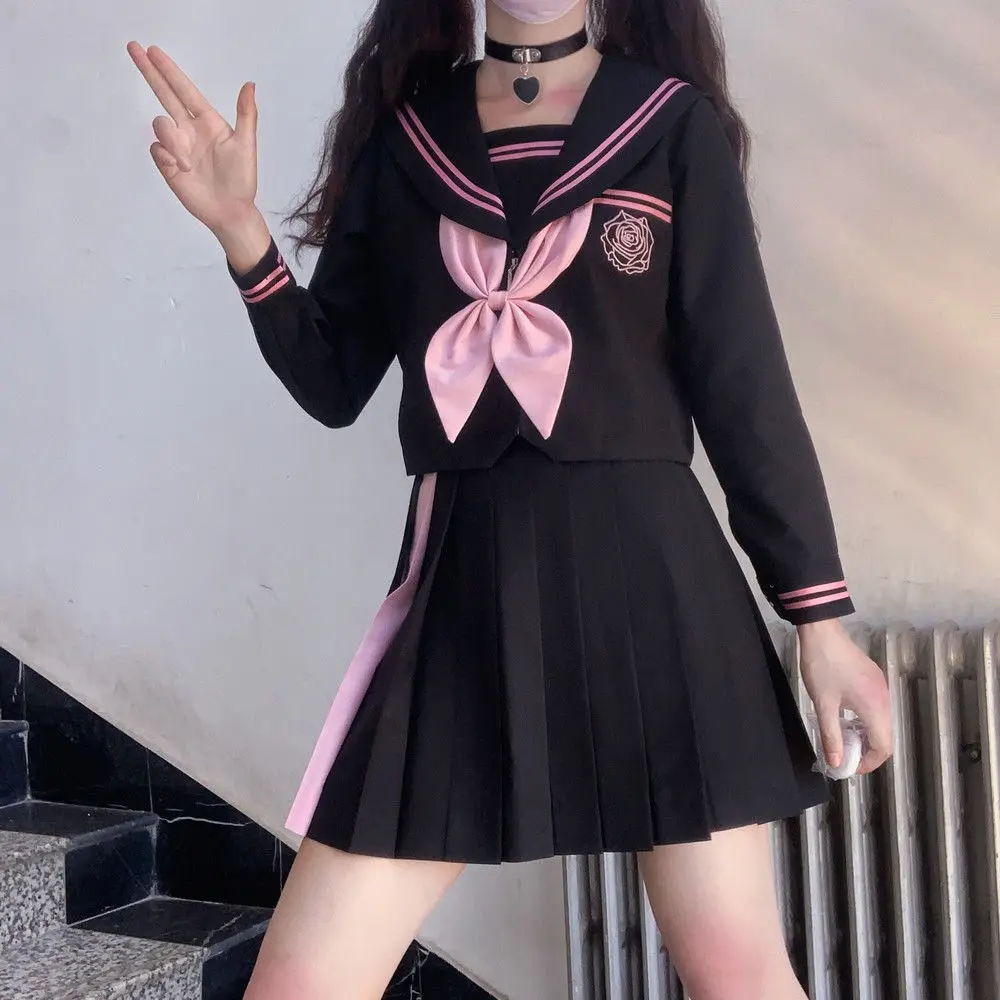 [devil's Tenderness] Diablo Jk Sailor Uniform Sets School Uniforms For Girls Embroidered Student Suit Long Sleeve Black Pink XL