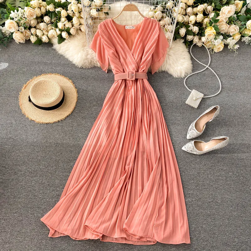 

Slim Fit Long Chiffon Pleated Women Dresses Candy Color Elegant V-neck Drawstring Vestidos New French Style Dress