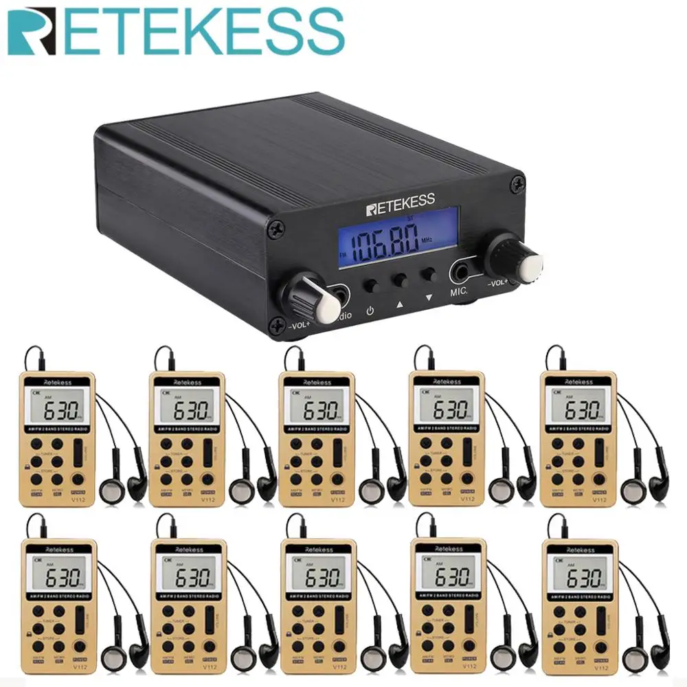 Retekess TR508 Wireless FM Broadcast Transmitter Radio Station+10pcs V112 FM Receiver for Drive-in Church Meeting Translation