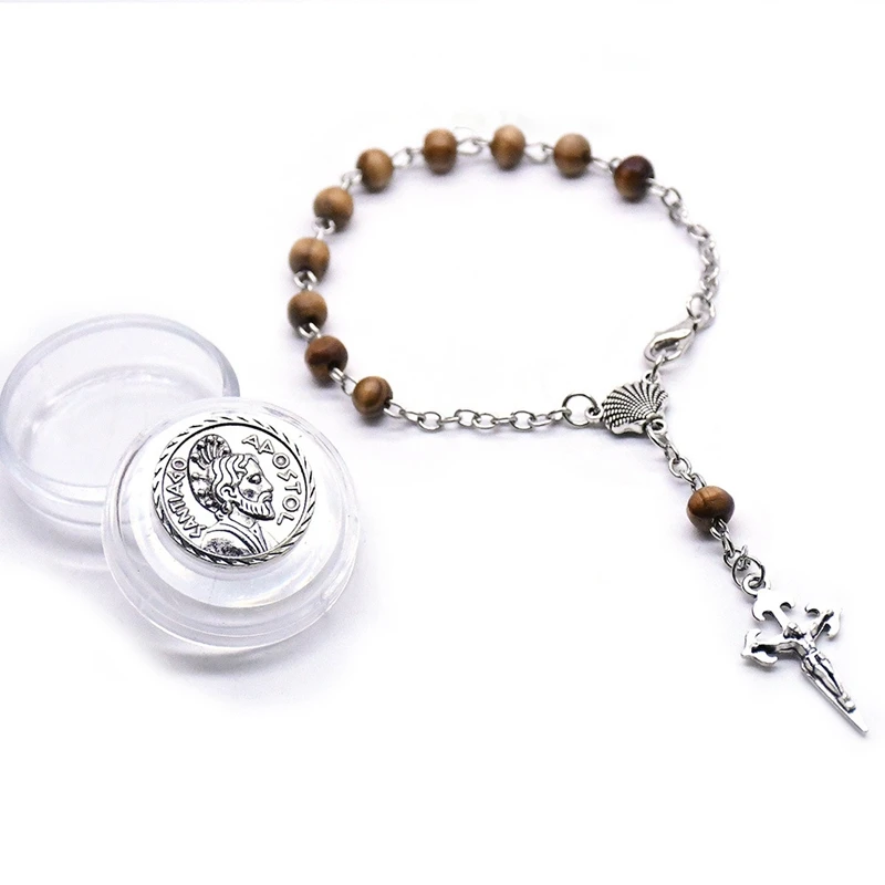 QIGO Religious Pray Jewelry Brown Wood Beads Rosary Bracelet Vintage Cross Bracelet For Men Women With Mini Box