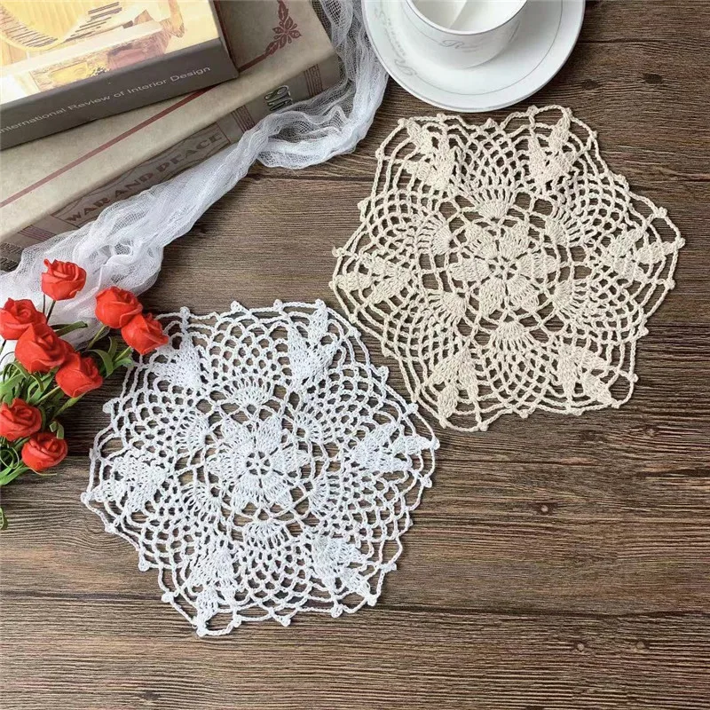 Round 22CM Modern White Beige Hand-crocheted Table Placemat Cotton Cloth Fabric Coffee Cup Mat Pad Wedding Christmas Home Decor