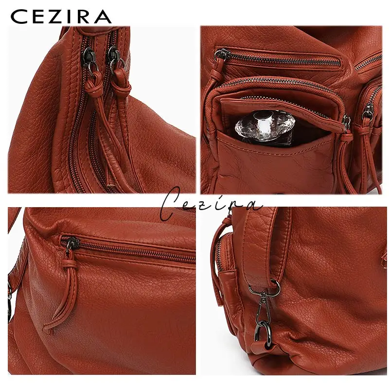 CEZIRA Large Soft Casual Women Bags Functional Girl School Backpack PU Leather Bag Ladies Multi Pockets Messenger&Shoulder Bag