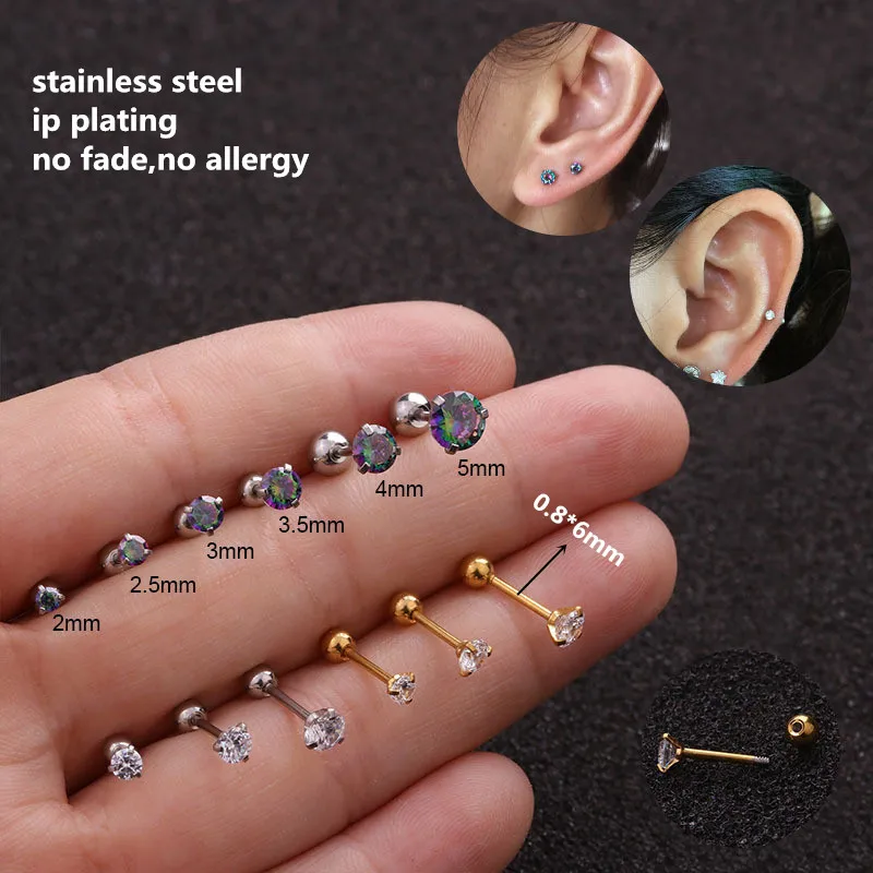 1 pc lot Slim Ear Needle Bar 0.8*6mm Stainless Steel Screw-back Round Zircons Stud Earrings 2mm to 5mm IP Plating No Easy Fade