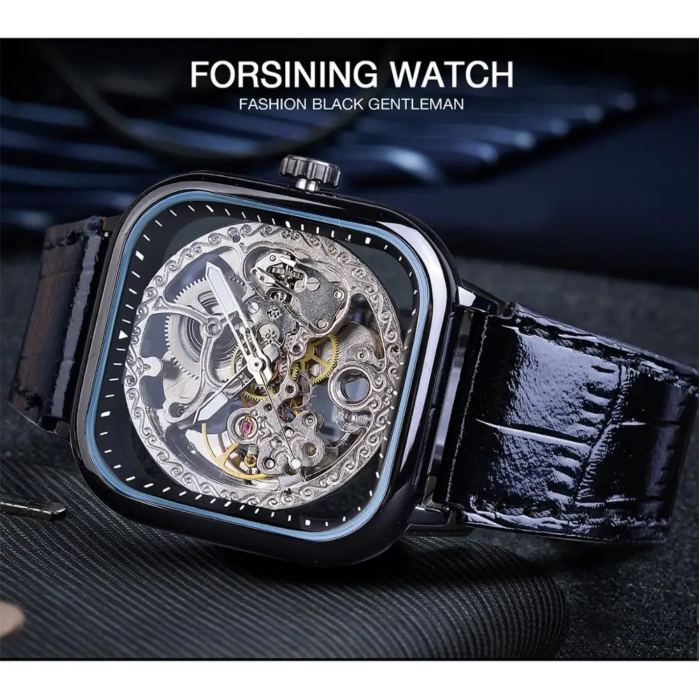 Forsining Transparent Flower Gear Movement Black Belt Luminous Hand Business Fashion Design Mens Automatic Skeleton Watch Clock