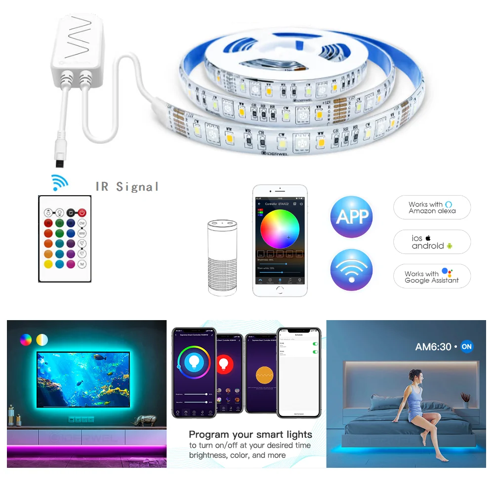 Smart RGBCCT LED Light Strip Wifi Controller 12V 2m Flexible Strip Kit Voice Control RF Remoteworks with Alexa Google Assistant
