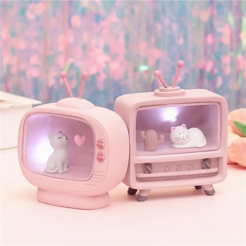 Light Decor TV Shape Cats Statues Pink Animal Home Decoration Lighting Battery Operated Cartoon Design Practical Desktop Lamp