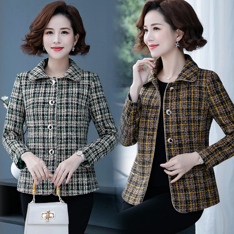 

2022 New Spring Autumn Jacket Outerwear Middle-aged Fashion Women's Jackets 4XL Casaco Feminino Short Lattice Coat Tops Female