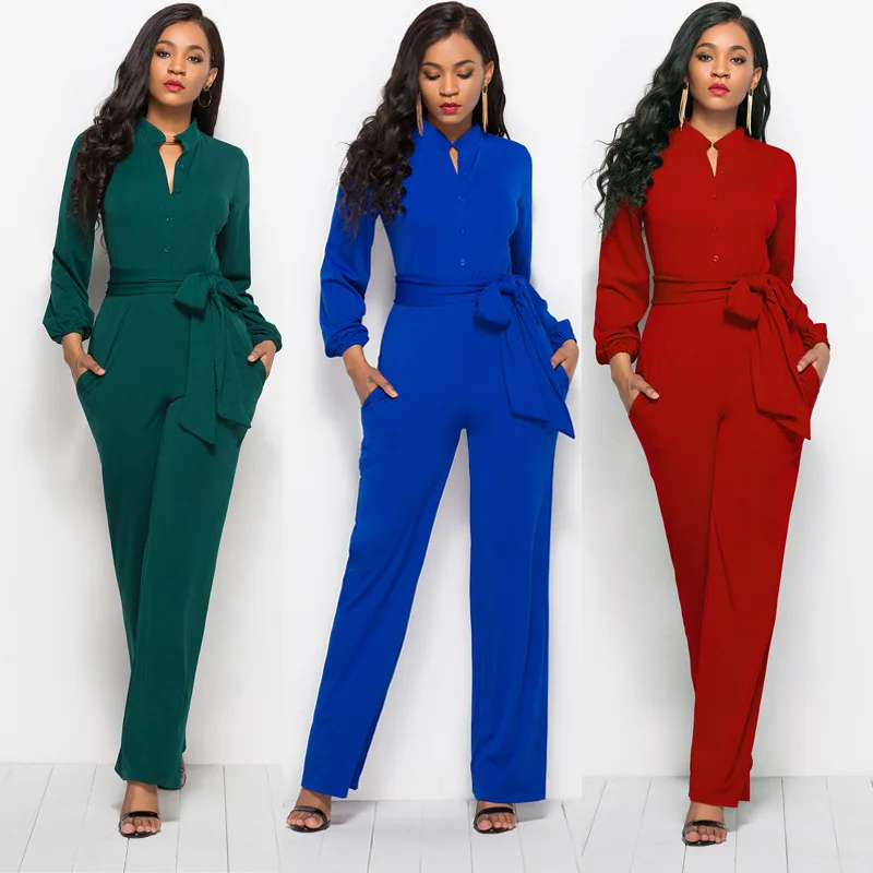 7Colors Elegant Lantern Sleeve Waist Bow Lace up Autumn Jumpsuit Women Office Casual Overalls Pockets Button Wide Leg Jumpsuits