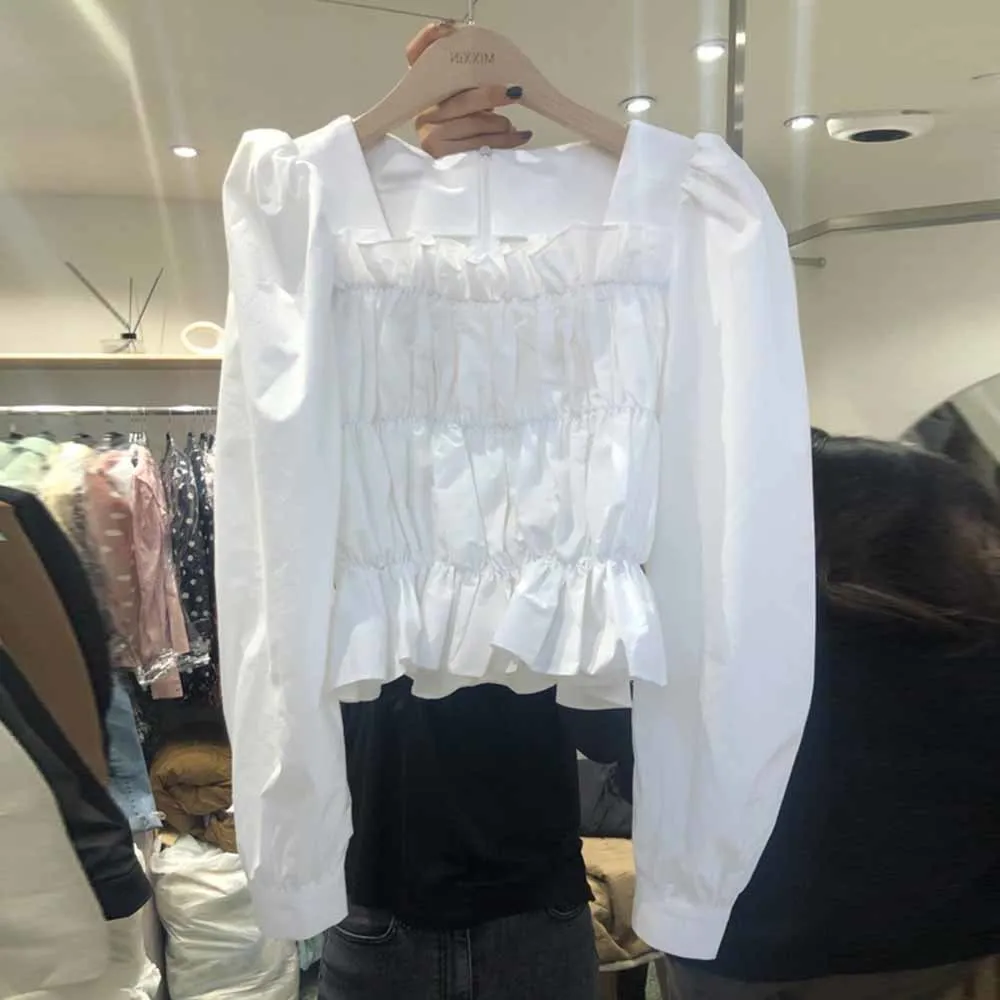 

2022 Spring and Autumn New Vintage White Ruffled Slimming Shirt Ladies Square Collar Puff Sleeve Pullover Top for Female