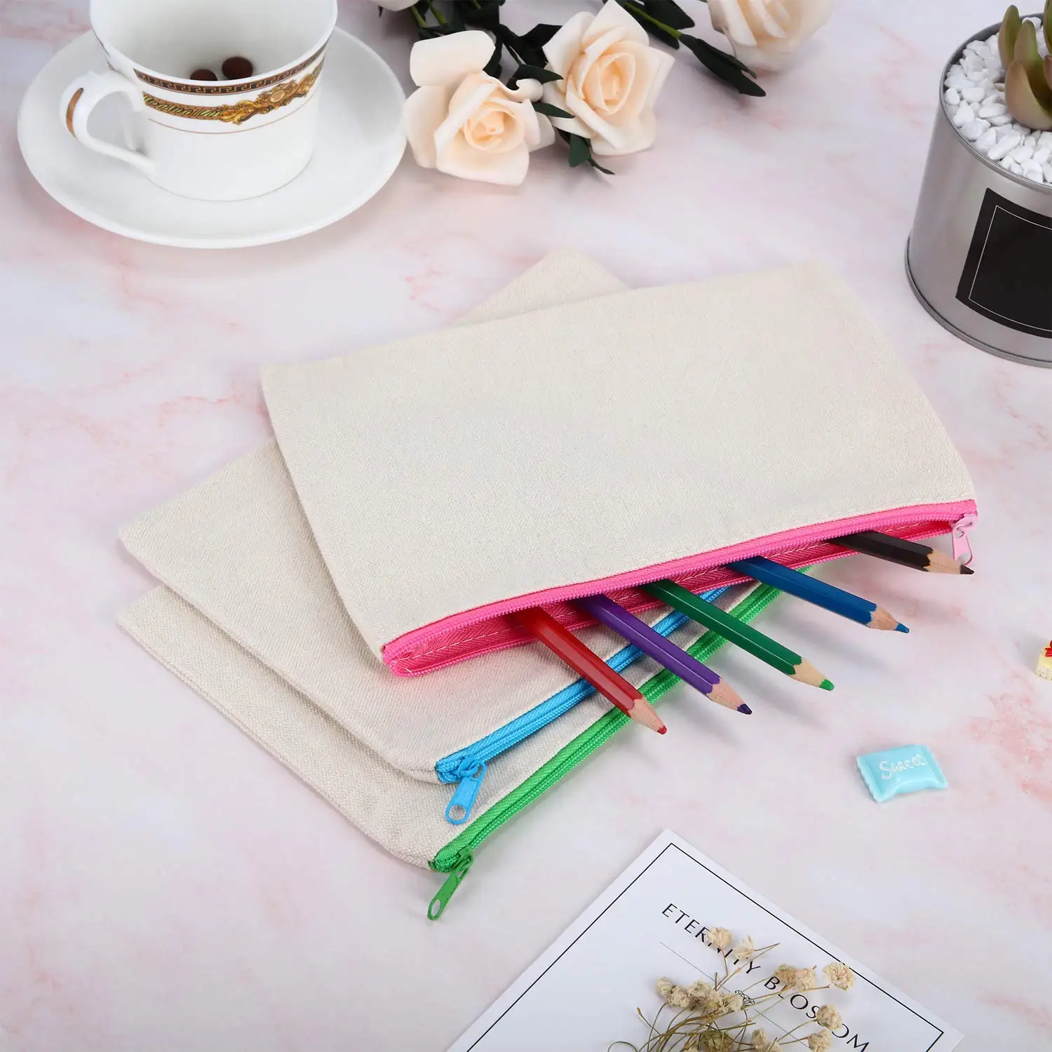 12 pezzi borsa cosmetica multiuso sacchetti per il trucco con cerniera borsa in tela di cotone astuccio per matite borsa da toilette da viaggio Design fai da te