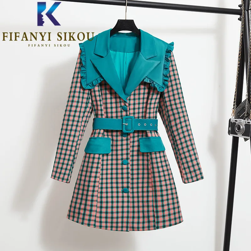 

Plaid Suit Dress Jacket Women 2021 New Ruffle Fashion Spliced Belt High Waist Midi Long Dress Ladies Autumn Plus Size Dress