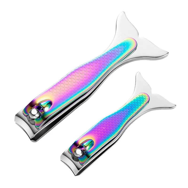 2pcs Nail Clippers Titanium Color Gradient Mermaid Handle Large Nail Scissors Cutter Set with File Manicure Tools Professionals